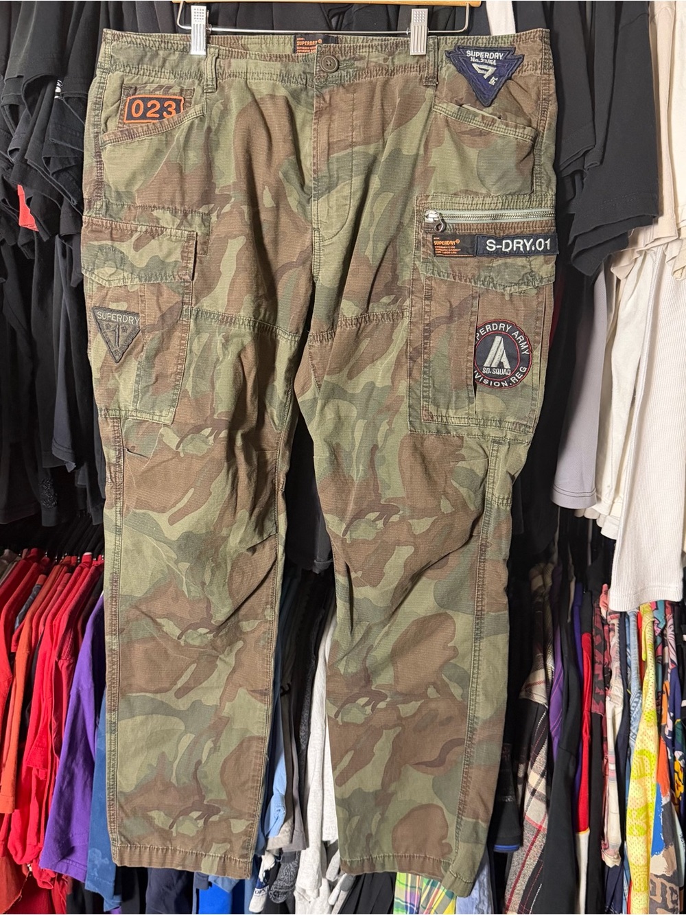 Superdry Ripstop Parachute Cargo Pants Men’s 38x30 Green Brown Camo Patches